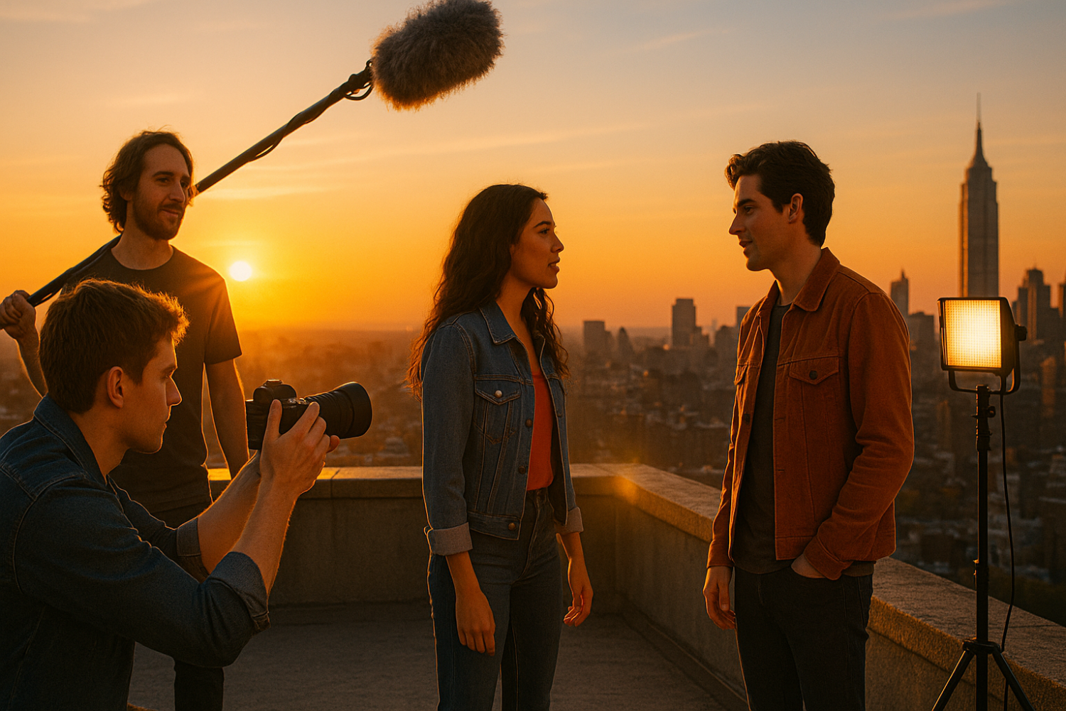 A young film crew films actor's in front of a sunset from a roof top in the city.